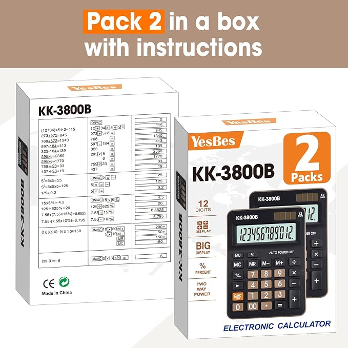 2 Pack Calculator, 12 Digit Desk Calculator with Large LCD Display & Big Buttons, Dual Power Solar & Battery, Standard Basic 4 Function Calculator
