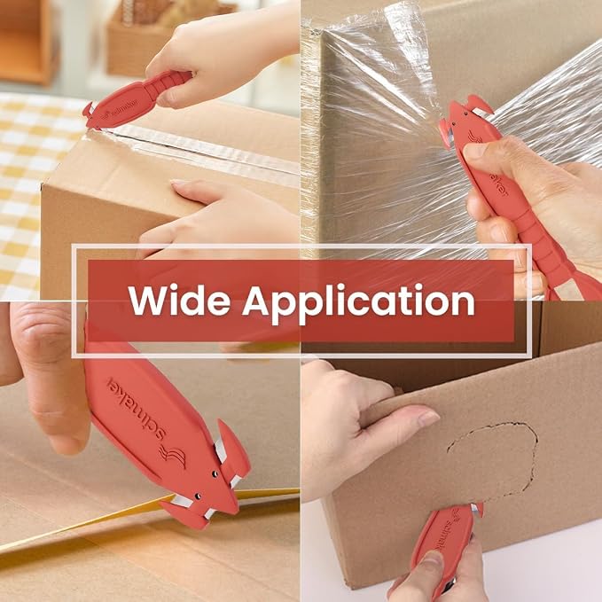 Safety Box Cutter Knife, Recessed SK-2 Blade, 6-Pack Red | Mini package opener tool, finger-safe hidden knife, built-in tape splitter for cardboard & shrink wrap, ambidextrous grip.