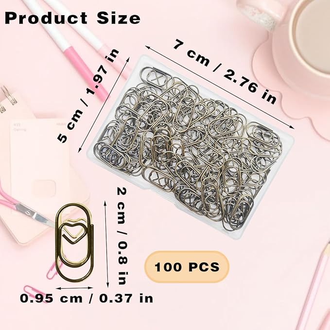 100 Pack Love Heart Shaped Paper Clips, Mini Paperclips Papers, 0.8inch Small Paper Clips for Office School Home Desk Organizers (Bronze)