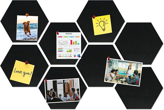 Large Hexagon Felt Cork Board Tiles, Self Adhesive DIY Felt Bulletin Board Pin Board with 35 Pushpins for Office School Home Wall Decor Stickers Memos Photos Display(Black)