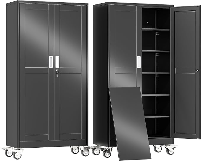 erosoei 74" H Metal Garage Storage Cabinet, Rolling Tool Cabinet with 2 Doors and Wheels, Locker Steel Cabinet with 5 Adjustable Shelves, Organization Cabinet for Garage,Office,Home,Gym,School