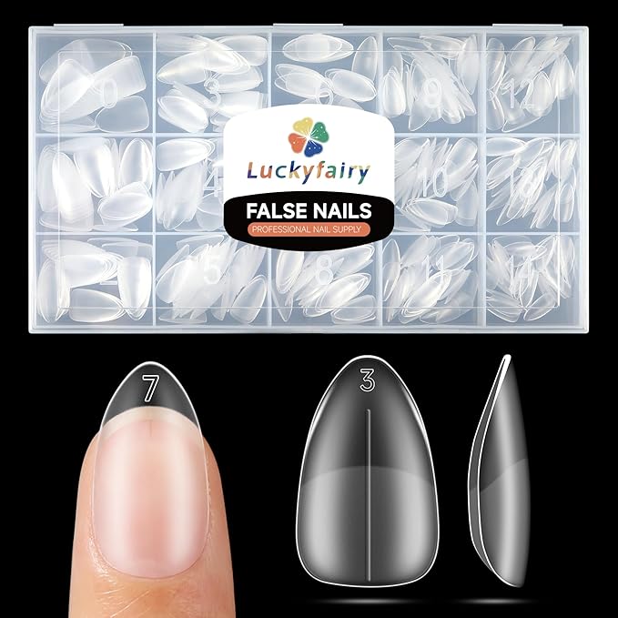 Short Almond Nail Tips, 504pcs Full Cover Soft Gel Nails Tips 15 Sizes No C Curve Almond Shape Nail Tips for Acrylic False Nails Professional for Nail Extensions Salons Home DIY
