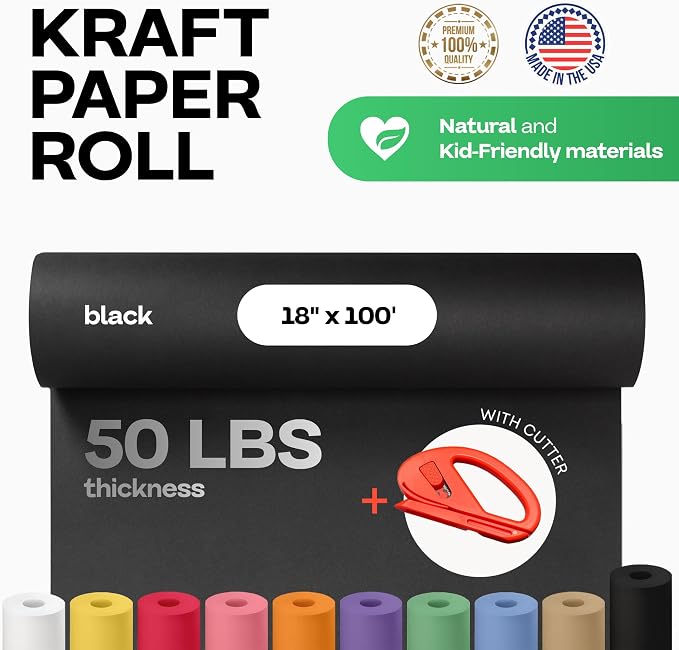 Black Kraft Paper Roll 18" x 1200" (100 feet) with Cutter - USA-Made Gift Wrapping Paper for Packing, Moving, Shipping & Crafts/Arts - 100% Recyclable Natural Craft Material by IDL Packaging | Gift Wrapping Paper for Packing, Moving, Shipping & Crafts/...