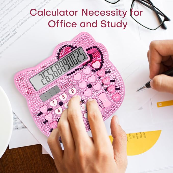 Cute Calculators, Women Desk Calculator 12 Digit with Large LCD Display and Sensitive Button, Suitable for Adults and Children, Standard Function for Office, Home, School (Pink+Pink Jewel Model)