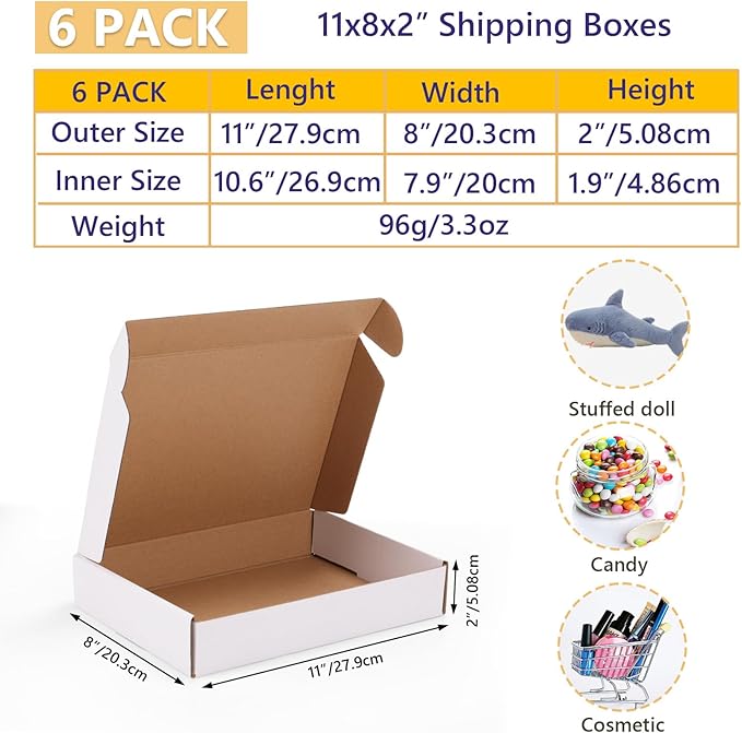 EXYGLO 6 Pack 11x8x2 Shipping Boxes, White Corrugated Cardboard Boxes for Packaging Small Business, Moving, Shipping, Mailing, and Storing