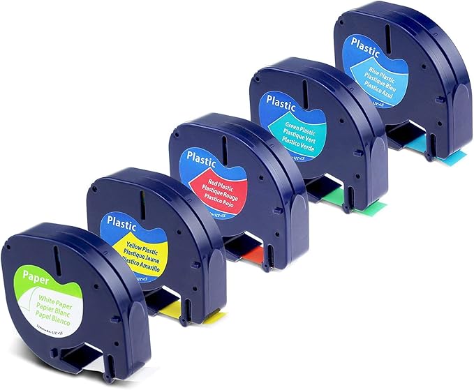 Label KINGDOM 5-Pack Compatible with DYMO LetraTag Mix Color Tape, White/Red/Yellow/Blue/Green Label Maker Refills for LT-100H Handheld Printer, 1/2” x 13’