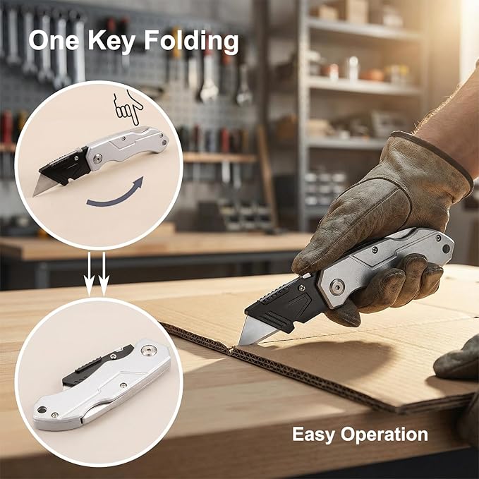 (2-Pack) Heavy Duty Folding Utility Knife with 10 Extra Blades, Box Cutter with Belt Clip for Cardboard, Carton, Carpet Cutting, Aluminum Alloy Anti-slip Handle, Quick Replace Blade