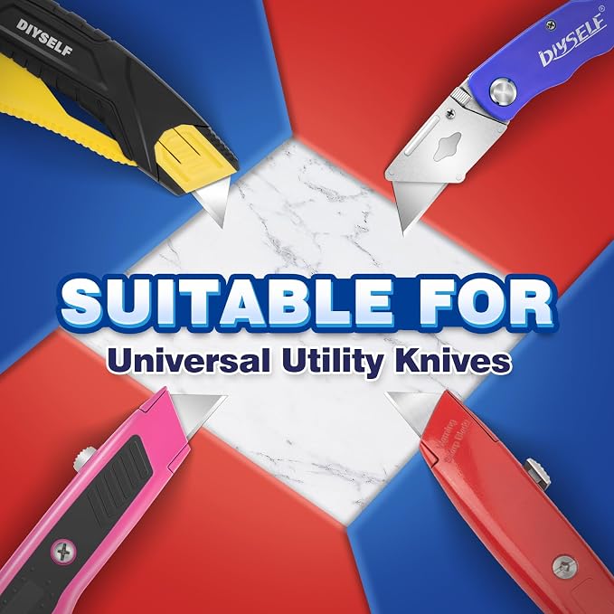 DIYSELF 50 Pack Razor Blade Refills, SK2 Utility Blades for Box Cutters | Utility Knife Blades for Cardboard and Drywall, Carpet Blades for Flooring, Repairs and Contractors