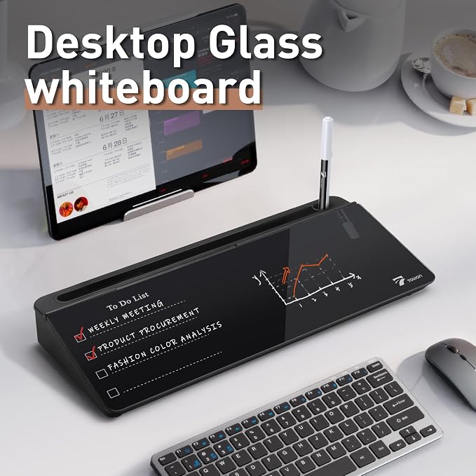TOWON Glass Desk Whiteboard 16x7 in with to-Do List Templates, Black | Desktop whiteboard with lined and free section templates. Reminder memo notepad. Glass dry erase with storage.