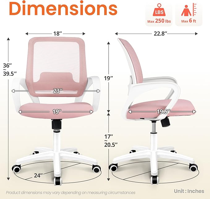 NEO Chair Office Desk Ergonomic Mesh Computer Chair with Lumbar Support Adjustable Height Swivel Rolling Wheels Comfy Mid Back Task Chair for Home Bedroom Vanity Study (Pastel Pink)