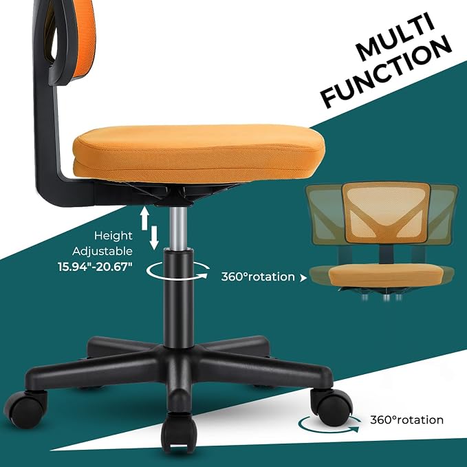 DUMOS Armless Desk Chairs, Small Home Office Mesh Chairs | Ergonomic Adjustable Mid Back, Swivel Rolling Task, Computer Work Vanity Small Spaces, Orange