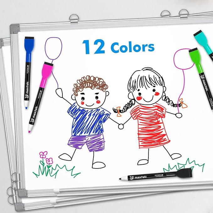 maxtek Magnetic Dry Erase Markers, Fine Tip, 24 Count, 12 Colors | Built-in Eraser, Low Odor, Thin Markers, Whiteboard Markers