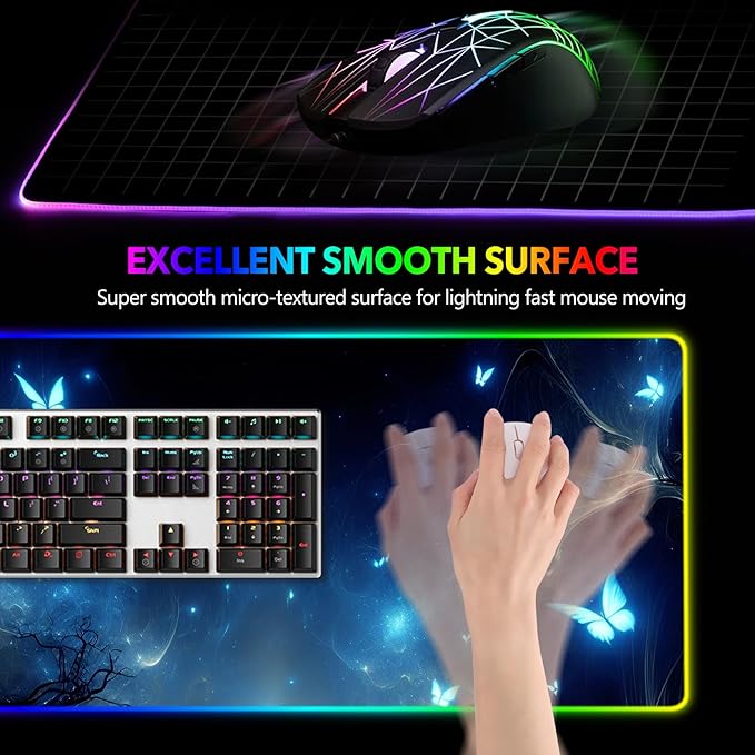AIMSA RGB Gaming Mouse Pad XXL Large, Extended Glowing Led Light Up Cool Mouse pad Desk Pad Non-Slip Rubber Cute Mousepad Mat 35.4x15.8 Inch, Mysterious Glowing Butterfly