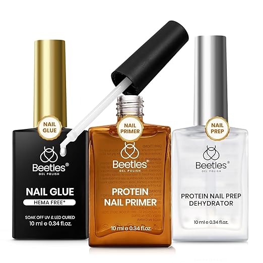 Beetles 3Pcs Gel Nail Glue Nail Dehydrator and Primer, Hema-Free & Acid Free Bond Protein Prep Kit for Nail Tips & Extensions, TPO Free, Long-Lasting Adhesion