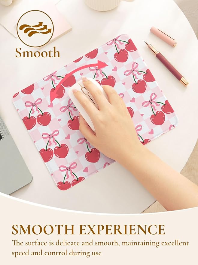Cute Mouse Pad Red Cherries Pink Bow Heart Plaid Mousepad, Waterproof Mouse Mat Design Cloth, Non-Slip Rubber Base Computer Funny Mouse Pads, Small Mouse Pad Desk Accessories