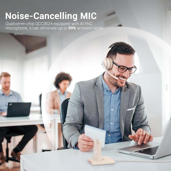 JIAMQISHI Bluetooth Wireless Headset with Mic for Work, Bluetooth 5.2, Advanced Noise Reduction Microphone, Clear Calls - Comfortable On-Ear Headphones, Applicable to PC, Laptop, Phone, Android, Zoom