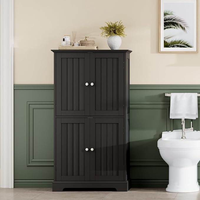 ChooChoo Bathroom Floor Cabinet with Adjustable Shelves | Bathroom Storage Cabinet, 4 Doors, Freestanding Cupboard for Living Room, Kitchen Pantry, Black
