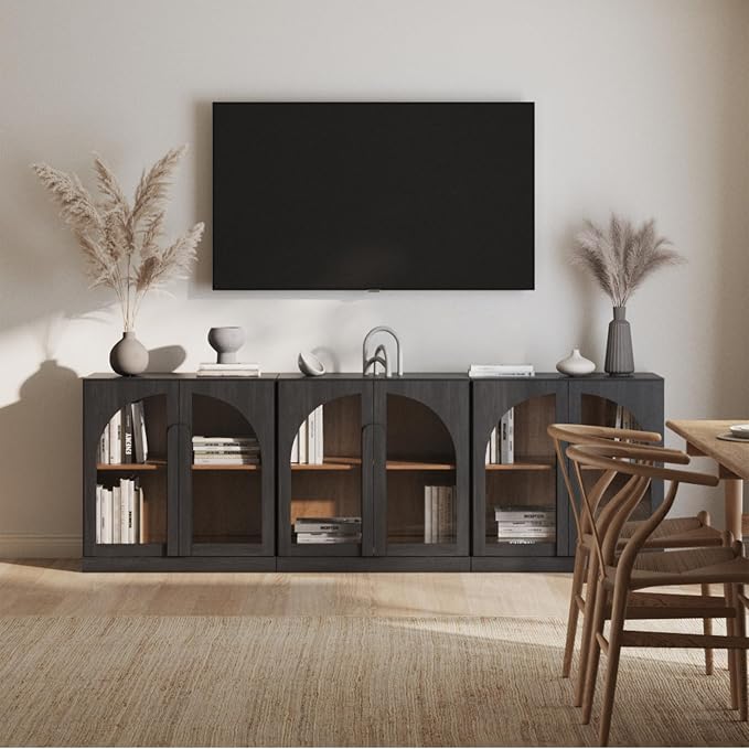 BELLEZE 2 Tier Bookshelf with Arched Glass Door, Set of 3 Modern Display Bookcase Shelf with Storage and Adjustable Shelves, 94" Wood Bookshelves for Living Room Office Entryway (Ebony)