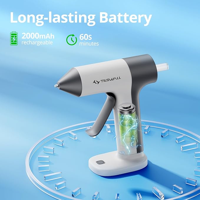 Tilswall Cordless Glue Gun, 4V Fast Preheating Hot Glue Gun with 20pcs Premius Glue Sticks(20x140mm), 2000mAh Type-c Rechargeable, Suitable for DIY Craft, Home Repaire – White