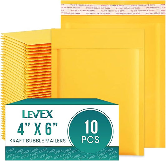 Levex - #0000 4" x 6" [10 Pack) Kraft Bubble Mailers, Padded Envelope Mailers, Packing Envelope & Mailing Bags for Shipping