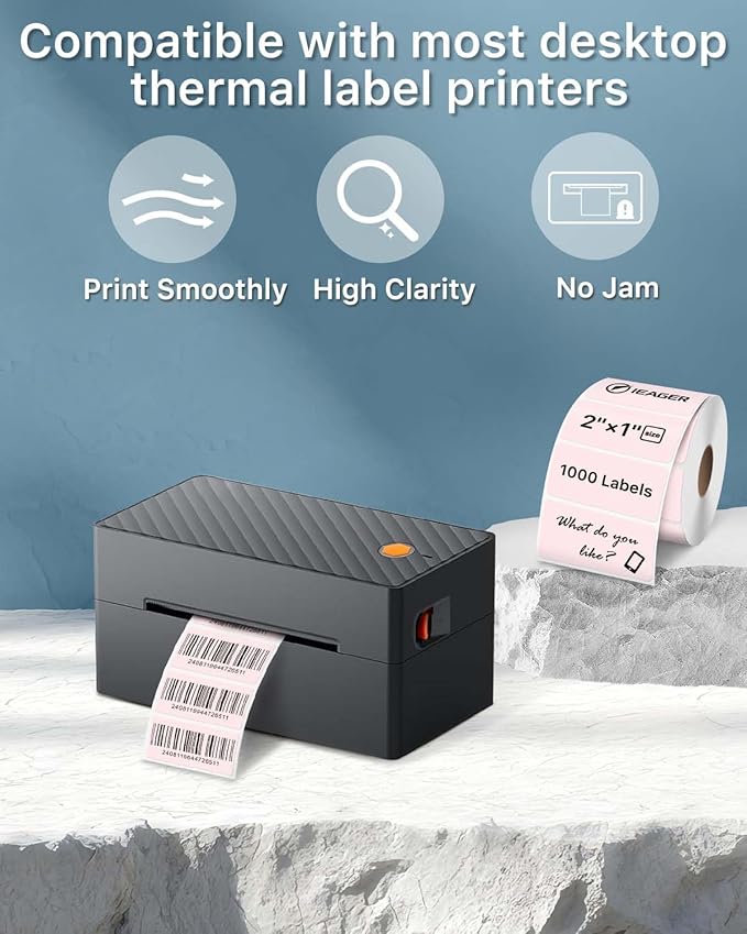 iEager 2x1 Inch Thermal Labels, Pink Rectangle Thermal Printer Stickers, Durable Shipping Label Printer Sticker for Barcode, Name, Address, 1000 Labels/Roll