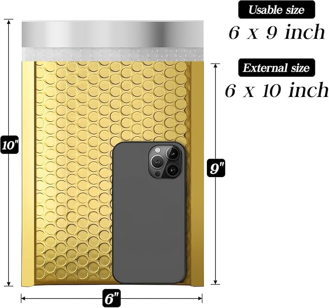 Fuxury Bubble Mailers 6x10" 300 Pack, Strong Adhesion and Thick Metallic Bubble Envelopes,Waterproof Padded Envelopes,Durable Padded Mailers Packing Bag for Jewelry, Makeup Supplies，Bulk #0 Gold