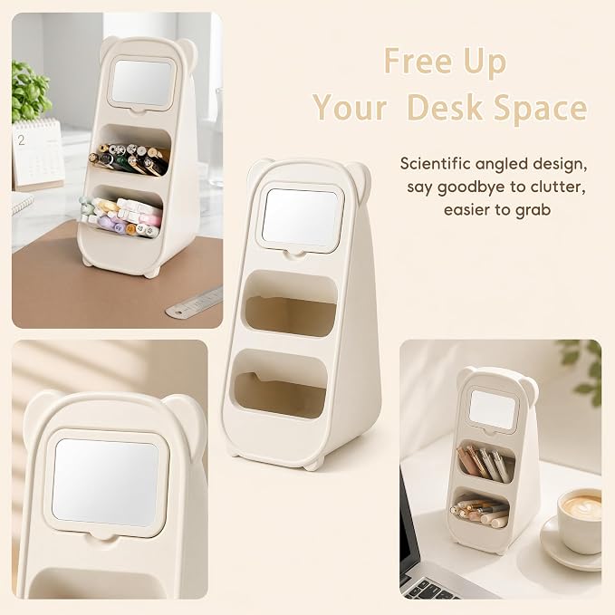 Cute Bear Pen Holder for Desk with Detachable Magnetic Mirror, Aesthetic Cream White Desk Organizer, 2-Compartment Pencil Cup Storage for Office & School
