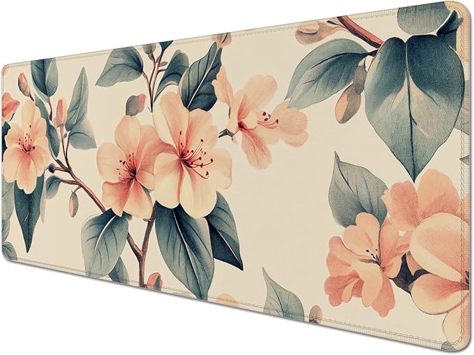 Floral Mouse Pad Desk Mat Peach Blossoms Large Computer Mouse Pads | Stitched Edges Rubber Non-slip Girls Office Study Gaming Computer Keyboard Laptop XL Extended Long