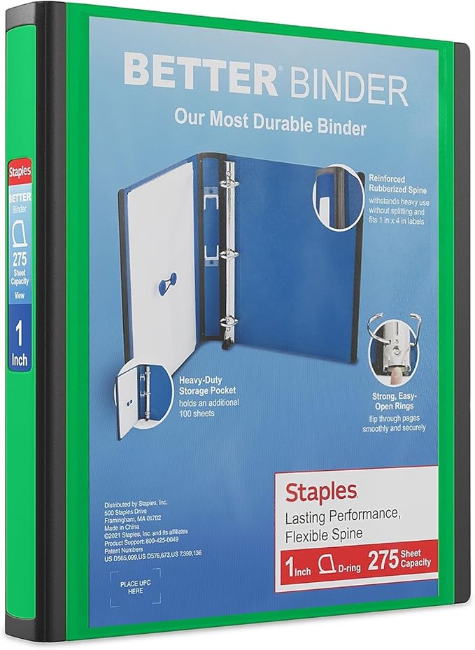 Staples Better View 1-Inch D-Ring Binder, Green – Durable 3-Ring Binder with Clear Overlay for School & Office