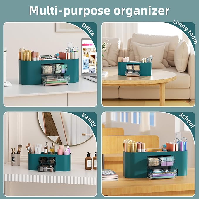 Marbrasse Pen Holder for Desk with 3 Drawers, Multi-Functional Pencil Holder, Desk Organizers and Accessories with 7 Compartments for Home, School, Classroom (Dark Green)