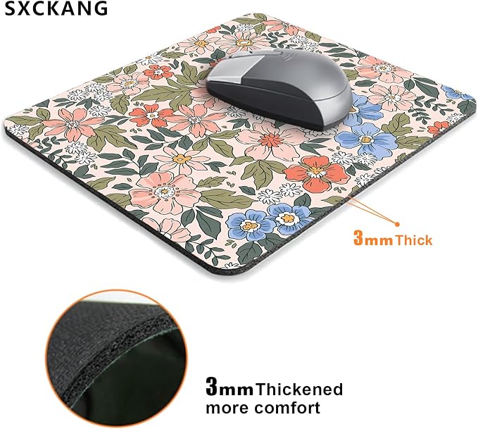 Moth Floral Mouse Pad, Green Leaf Flowers Mousepad, Boho Computer Small Cute Mouse Pad, Washable Cloth Non-Slip Rubber Base Mouse Mat for Office, Pink Blue