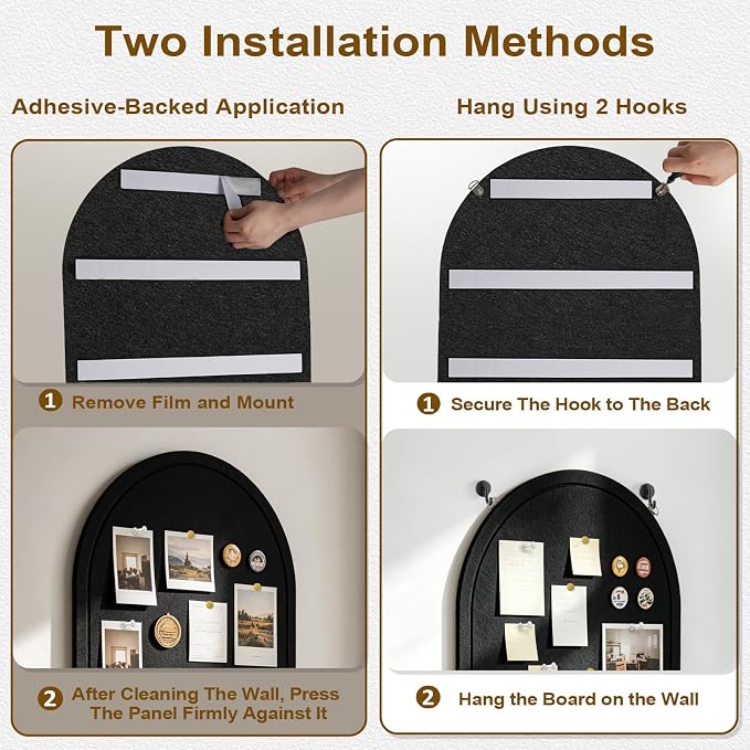 Arched Felt Bulletin Board, Sized 36" x 24" Cork Board Alternative Grooved Edge Foldable for Office & Wall, Foldable Picture Self-Adhesive Boards with Pins Hooks for Photo Display School Home, Black