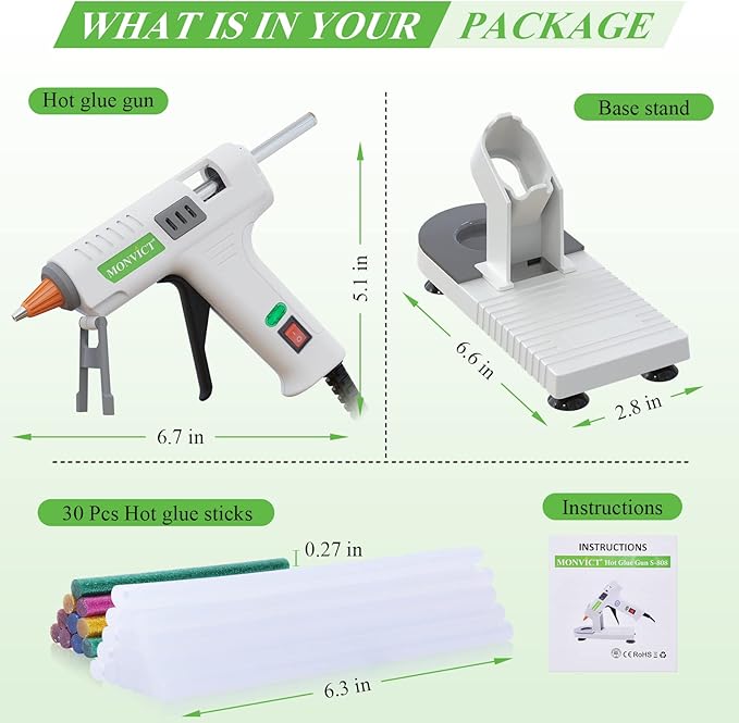 Hot Glue Gun Kit, MONVICT 40W Mini Glue Gun with Fine Tip & 30 Glue Sticks, Suction Cups Stand & Anti Stick Silicone Mat, On/Off Switch Design for DIY, Crafts, Home School Project…