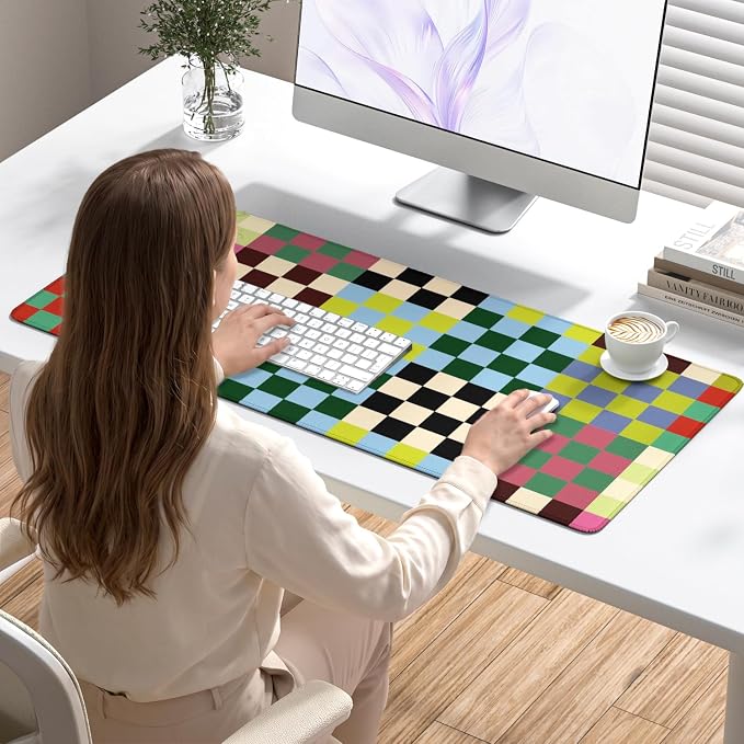 Desk Mat, Large Gaming Mouse Pad, 32" x 12", Cute Retro Checkered | Waterproof Desk Pad, Non-Slip Rubber Base, Desktop Mat with Stitched Edges, Desk Accessories for Office, Work, Home