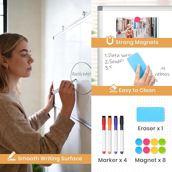 Double-Sided Magnetic White Board, 20"x30" Dry Erase Whiteboard for Wall with Aluminum Frame Presentation Board for School, Office and Home
