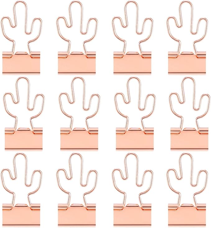 Cactus Binder Clips with Cute Rose Gold Medium Binder Clips in Acrylic Crystal Box for Office School and Home Supplies