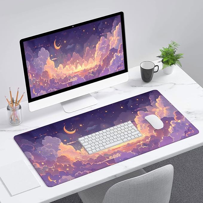 Cute Gaming Mouse Pad Desk Pad Kawaii Pink Purple Gold Clouds Mousepad XL Large Gaming Mouse Pad Laptop Keyboard Mat Desk Pad Office Home Decor for Women Girl 35.4"x15.7"