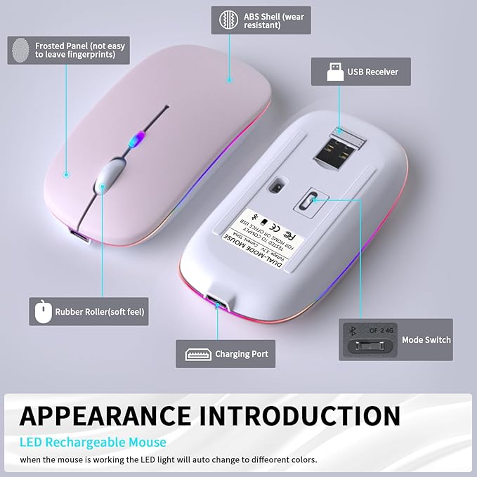 Wireless Bluetooth Mouse – Rechargeable, Silent, Dual Mode (Bluetooth 5.2 & USB) with LED Lights – Portable for Laptop, Desktop, & Tablet(Pink)