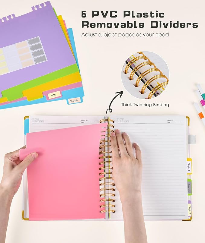Hardcover Spiral Notebook Journal with Removable Dividers Tabs, 300 Pages Leather 5 Subject Notebook College Ruled, 8"x10" Large Notebooks for Work School Note taking, Lined Journal for Women, White