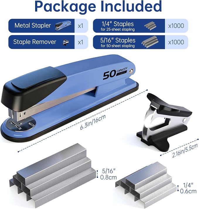 Metal Stapler Heavy Duty for Desk - 50 Sheet Capacity with 2000 Pieces 1/4", 5/16" Staples and Staple Remover, No Jam, Non-Slip, Stapler Heavy Duty for Classroom and Office, Blue