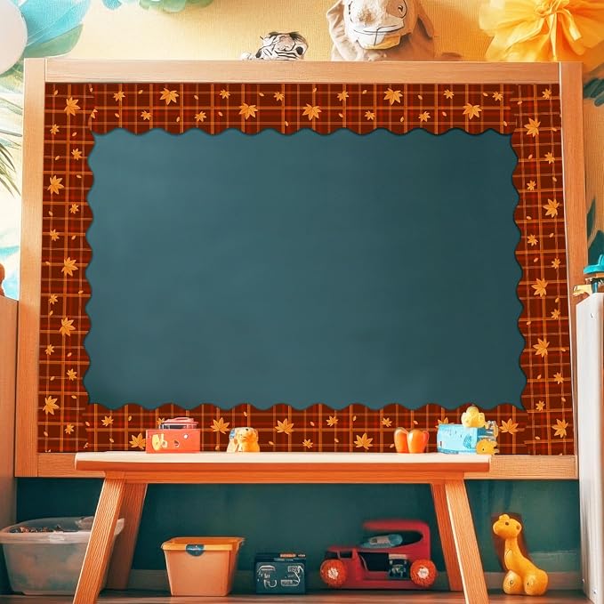BeYumi Fall Plaid Border Trim - 65ft Fall Maple Leaves Plaid Scalloped Rolled Border Trim Autumn Thanksgiving Brown Bulletin Board Set Harvest Party Decor Classroom Office Chalkboard Door Decoration