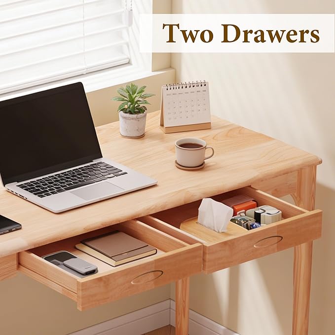 47" Solid Wood Desk with Drawers, Small Home Office Writing Wooden Desk, Gaming & Computer Desk for Bedroom, Work Study Table for Small Space(Beech,47Inch)
