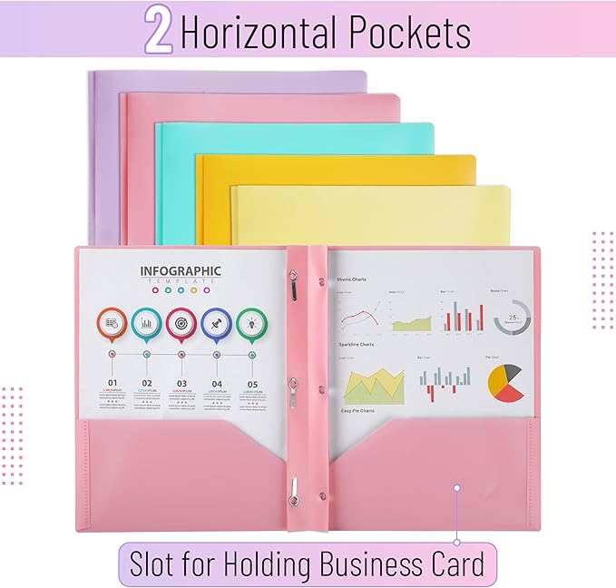 Mr. Pen- Plastic Folders with Pockets and Prongs, 5 Pack, Letter Size, Macaron Colors, Flexible Plastic Folders with Prongs