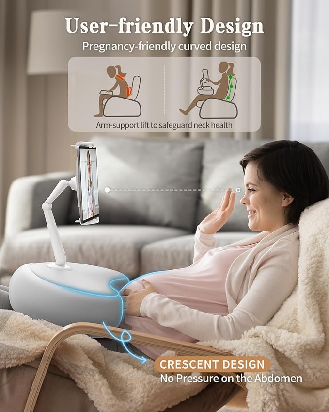 SAIJI Kindle Pillow Stand, iPad Stand Compatible with 4.7”-15.6” Kindle, Phone, iPad, 360° Adjustable Lap Beanbag Tablet Holder for Bed with Flexible Dual Axis Arm and Microbead Cushion (Gray)