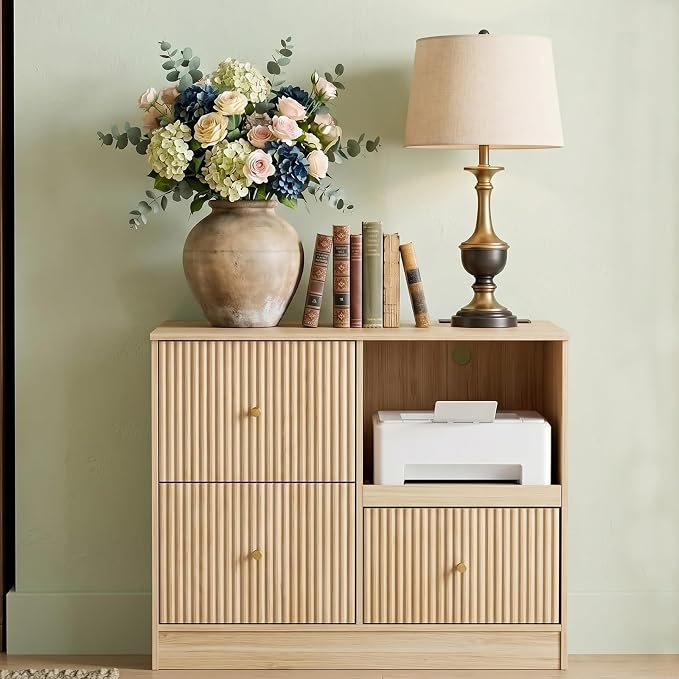 DNYN 3 Drawers Wood File Cabinet with Charging Station and Printer Stand | Vintage Fluted Lateral Filing Cabinet| For Home Office| Anti-Tipping| Fits for A4/Letter-Size Files| Pull-out Shelf