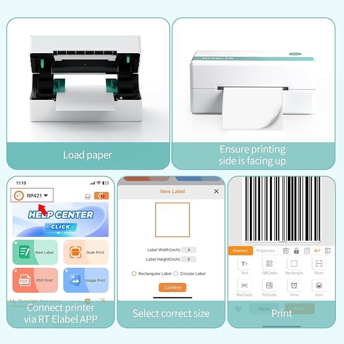 Rongta Thermal Shipping Label Printer, Bluetooth Wireless 4x6 Sticker Label Maker for Package, Compatible with Windows, Mac, Android & iPhone, Used for Small Business
