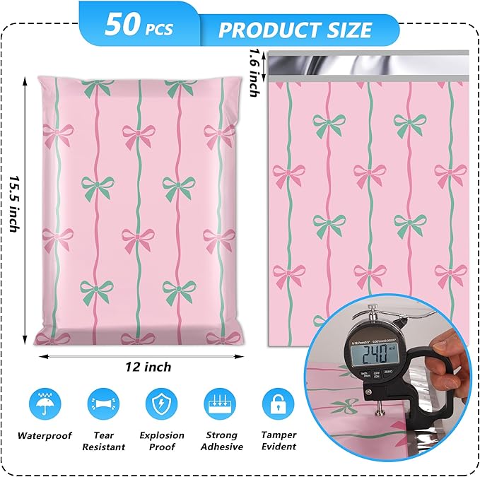 Poly Mailer 12x15.5 Inch 50 Pcs, Waterproof and Tear-Resistant Shipping Bags for Clothing, Cute Mailing Bags with Self-Seal, Bow Printed Packaging Bags for Small Business