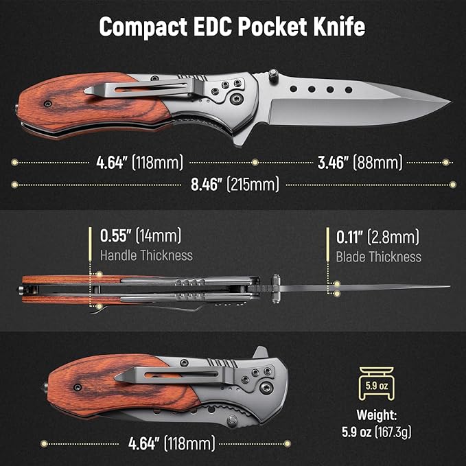 Pocket Knife for Men - Sharp Blade Wood Handle Pocket Folding Knives with Clip, Glass Breaker - EDC Knives for Survival Camping Fishing Hiking Women, Large, Grey