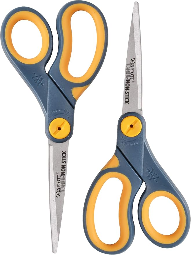 Westcott 8-Inch Non-Stick Titanium Scissors For Office and Home - Glide Adjust Technology - Grey/Yellow Craft, Fabric Scissors - 2 Pack