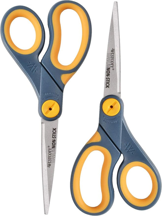 Westcott 8-Inch Non-Stick Titanium Scissors For Office and Home - Glide Adjust Technology - Grey/Yellow Craft, Fabric Scissors - 2 Pack